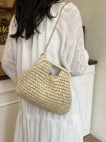 Handwoven Small Crossbody Bag, New Woven Shoulder Bag, Niche Beach Style, Versatile, Square Envelope Bag, Chic, Ins Style, Vacation Beach Bag, Random Floral Decor Color - White - View 6