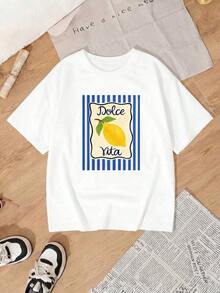 Camiseta Blanca Casual de Manga Corta con Cuello Redondo y Hombros Caídos para Mujer, con Estampado de Limones, Playera Gráfica Oversized Mujer Verano Casual - Blanco - Ver 2