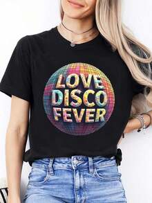 Opción popular: Nueva camiseta de manga corta para mujer, estilo casual, cuello redondo, con diseño de bola de discoteca, estilo retro para fiestas, regalo perfecto para familiares y amigos. - Negro - Ver 6