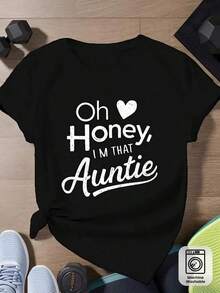 Camiseta negra 100% algodón con estampado gráfico para mujeres de talla grande, con la frase 'Oh Honey I'm That Auntie' en texto blanco y un diseño de corazón.Esta camiseta de manga corta y cuello redondo, suave y transpirable, es perfecta para uso casual en primavera y verano, y es lavable a máquina. - Negro - Ver 5