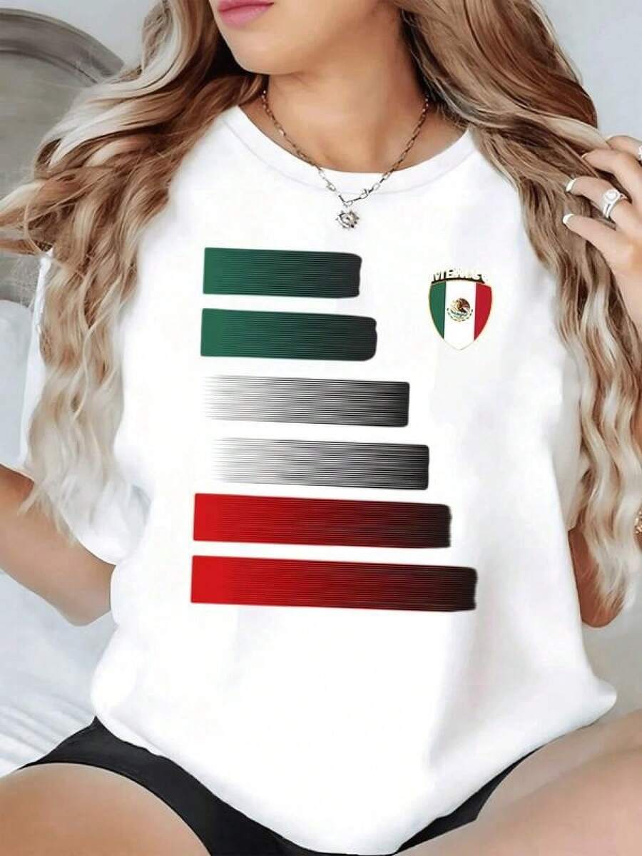Símbolos patrios de México con águila y franjas en tonos verde blanco y rojo que representan fuerza unidad y orgullo nacional en un estilo moderno y elegante camiseta de mujer casual cómoda para uso diario - Negro - Ver 1