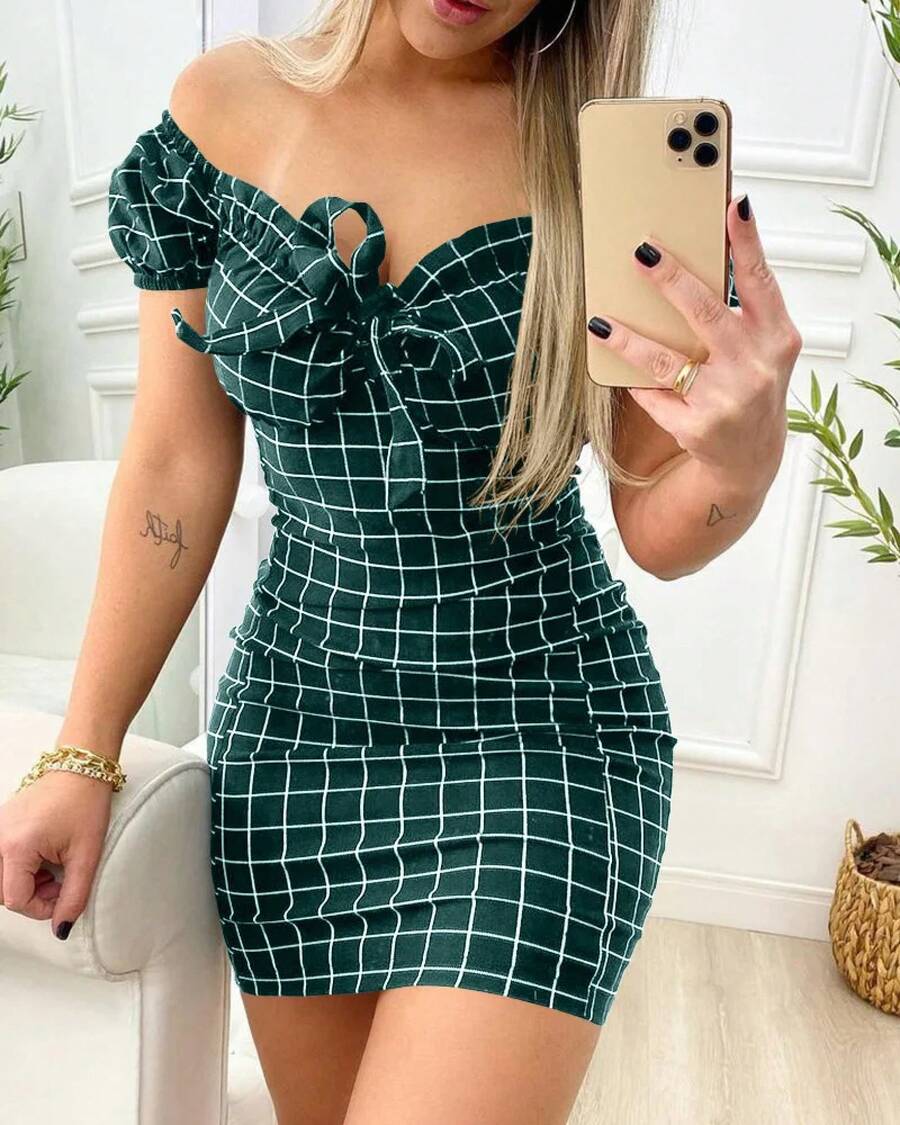 Vestido de verano sexy paquete nalgas falda corta de vestido con estampado de rejilla transfronteriza - Verde oscuro - Ver 1