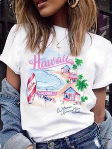Camiseta de Playa con Estampado Hawaiano para Mujer - Manga Corta, Cuello Redondo, Top de Verano con Paisaje Hawaiano y Palmeras, Ropa Casual para Vacaciones con Temática Hawaiana, Camisa Hawaiana Cómoda y Lavable a Máquina para Mujer - Blanco - Ver 1