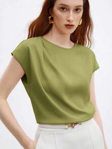 Blusa nueva de primavera/verano con diseño de hombros plisados de cuello redondo en azul, camisa elegante y única para salidas, oficina, ocasiones formales, moda básica profesional casual de alta gama, invitada de boda, fiesta, estilo del milenio, - Verde - Ver 8