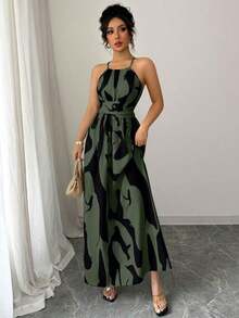 Vestido de línea A con estampado gráfico en blanco y negro, con hombros abiertos, nudo retorcido y escote de halter, elegante para primavera/verano de las mujeres - Verde 2 - Ver 4