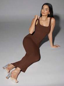 Vestido de tirantes sólido - Marrón Chocolate - Ver 4