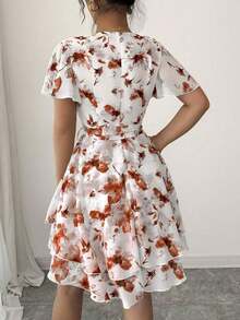 Vestido casual de mujer con cuello en V, mangas con volantes y estampado floral - Rojo y blanco - Ver 2