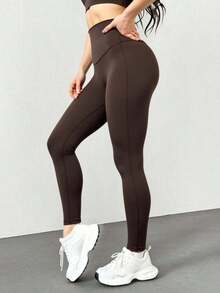 Pantalones acampanados de cintura alta de unicolor, ajuste delgado y casual para mujer - Marrón - Ver 6