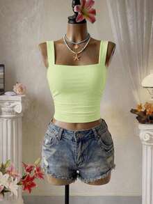 Top Cami Ajustado de Pliegues unicolor y Corto para el Verano - Verde - Ver 8