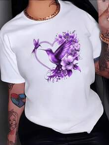 Colibrí púrpura rodeado de flores simbolizando amor esperanza y libertad con forma de corazón elegante y energía positiva camiseta de mujer cómoda moderna y casual - Blanco - Ver 1