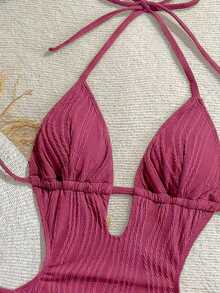 Traje de baño de una pieza con escote en  y espalda descubierta, de punto jacquard con textura, color verde oliva, adecuado para vacaciones en la playa - Rosa Fucsia - Ver 4