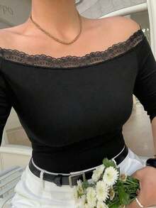 Curve Camiseta de verano elegante y ajustada de unicolor con hombros descubiertos para tallas grandes - Negro - Ver 3