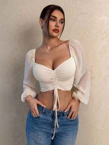 Blusa de manga farol con cuello de corazón y pliegues, corta - Albaricoque - Ver 1