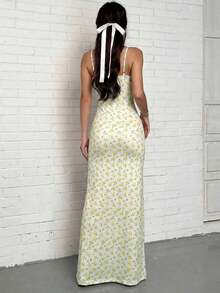 Vestido de tirantes con abertura lateral y estampado floral diminuto para vacaciones de mujer - Amarillo - Ver 2