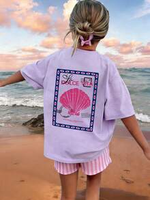 Girls & Teens Casual Printed White Crew Neck Short Sleeve T-Shirt, Summer Top - Mauve Purple - View 1