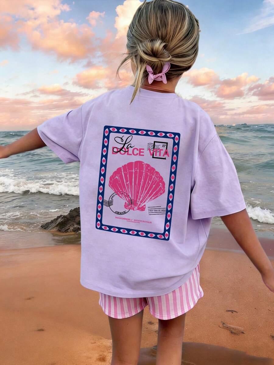 Girls & Teens Casual Printed White Crew Neck Short Sleeve T-Shirt, Summer Top - Mauve Purple - View 1