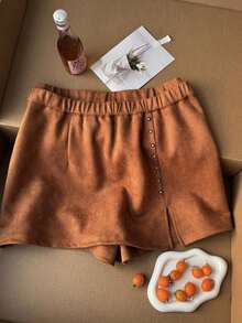 Minifalda de unicolor negro minimalista con diseño de falda pantalón para mujer talla grande, ropa casual de uso diario para invierno - Marrón - Ver 1
