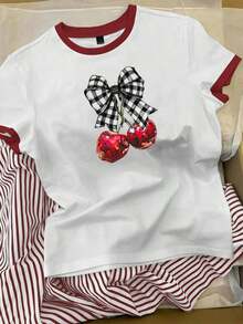 Conjunto de camiseta de manga corta con cuello redondo y estampado de oso de dibujos animados, y pantalones a rayas con cordón en la cintura para mujer - Blanco 2 - Ver 3
