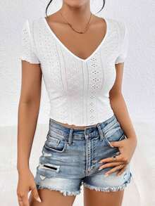 Camiseta de manga corta para mujer con cuello en V y diseño sólido de - Blanco - Ver 5