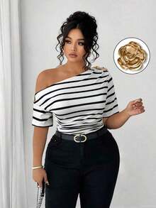 Blusa de hombros descubiertos elegante y versátil de moda casual para mujeres de talla grande - Blanco y Negro - Ver 8