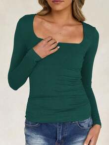 Camiseta ajustada de manga larga con cuello cuadrado para mujer, primavera/verano Y2K, unicolor, sexy, adecuada para el Día de San Valentín y uso casual - Verde Oscuro - Ver 7