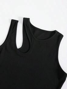 Top Sin Mangas De Punto Acanalado Con Hombro Cortado Sólido Para Verano - Negro - Ver 5