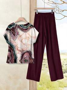 Conjunto de 2 piezas de mujer con efecto tie-dye de mármol, ajustado y versátil, adecuado para primavera/verano, para salir, casual - Multicolor - Ver 2