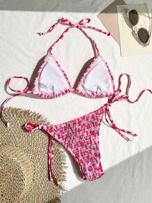 Swim Mod Conjunto de bikini sexy para mujer con estampado floral de verano, copa push-up y cuello halter con lazo - Multicolor 10 - Ver 2