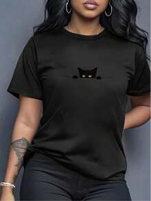 Camiseta estampada exquisita para mujer - Moda de verano, estampado elegante, transpirable y cómoda, cuello redondo, tejido suave, ideal para uso diario en otoño y verano y deportes al aire libre, ropa casual y elegante para mujer - Negro - Ver 6
