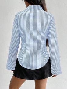 Camisa de manga larga casual a rayas que ciñe la cintura, apta para primavera/verano/otoño, tops de manga larga - Multicolor 4 - Ver 2