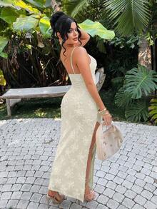 Vestido de verano sin mangas con abertura alta en color amarillo, para mujer y tallas grandes, para vacaciones en la isla, fiestas junto a la piscina, vacaciones en la playa, ropa bohemia para mujer, atuendos para brunch, vestidos sin tirantes, - Beis - Ver 2
