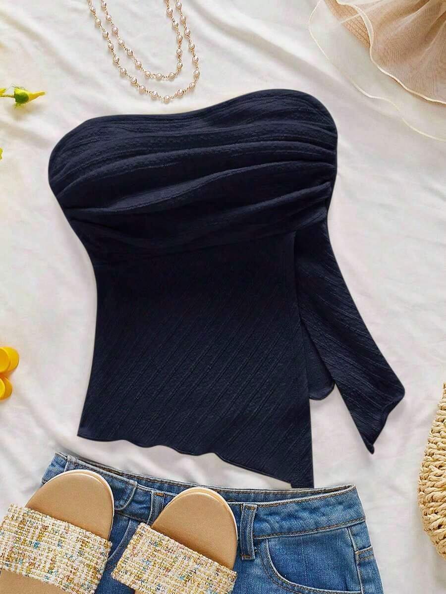 tubo fruncido de estilo elegante, romántico y elegante en color amarillo, apropiado para fiestas, vacaciones en la playa, regreso a la escuela, citas románticas, temporada de bodas, cumpleaños, Pascua, vestimenta de primavera/verano - Azul marino - Ver 1