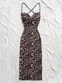 Vestido informal y romántico para vacaciones con estampado de leopardo, cuello drapeado, espalda descubierta y lazada - Multicolor 2 - Ver 3