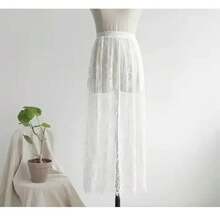 Elegant Black Skirt In 2 Lengths, Long Sheer Tulle Skirt With White Lace, High-Waisted Elastic Midi Beach Skirt, Drop Shipping - 白色 60厘米 - 查看 3