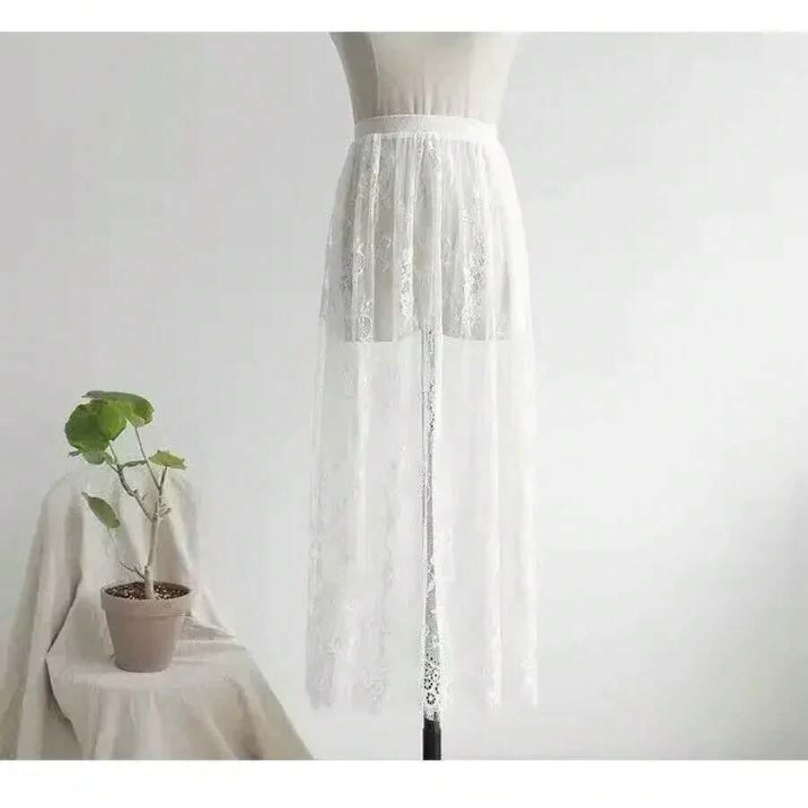 Elegant Black Skirt In 2 Lengths, Long Sheer Tulle Skirt With White Lace, High-Waisted Elastic Midi Beach Skirt, Drop Shipping - 白色 80厘米 - 查看 1
