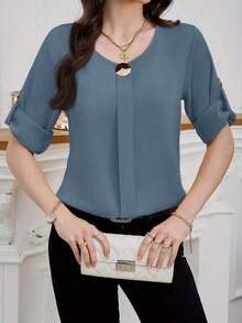Clasi Blusa casual sencilla para uso diario con cuello redondo, manga corta y botones delanteros para mujer - Niebla azul - Ver 3