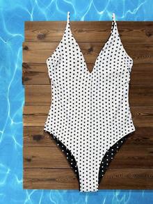 Traje de baño de una pieza con tirantes ajustables y reversible con base amarilla y lunares marrones + rayas marrones y amarillas, Primavera/Verano 2026 - Blanco y Negro - Ver 6