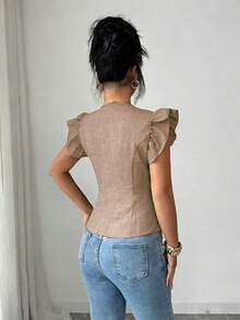 Flora Isola Cárdigan elegante de mujer con cuello en V y decoración de hebilla metálica, cintura ajustada y mangas con volantes, blusa refinada para damas - Marrón - Ver 2