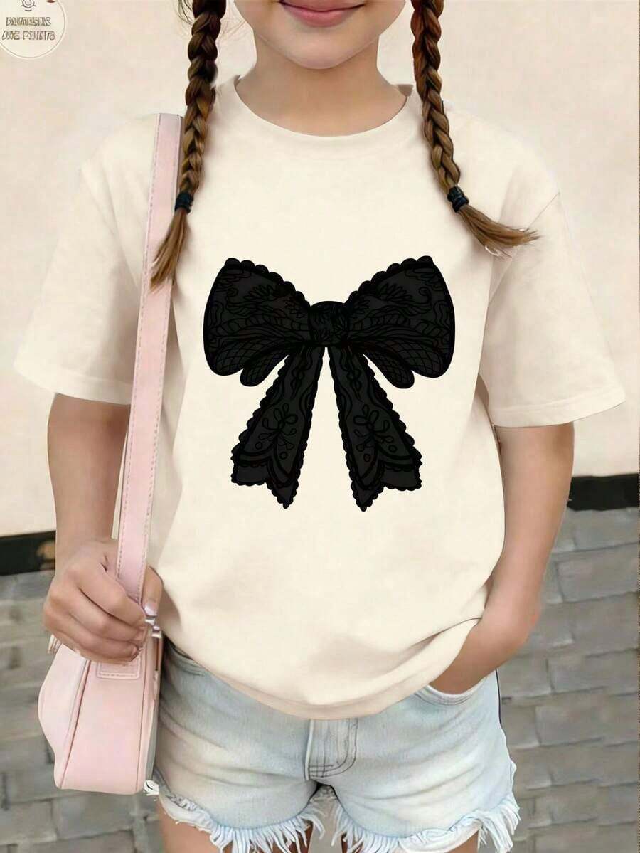 Sparklyn Black Short Sleeve Crew Neck Graphic Tee For Preteen Girls, Casual, Comfortable, And Fashionable Minimalist Graphic Tee, Versatile, With Cartoon, Creative, Fun, Celebrity, Anime, And Prints, 100% Cotton - 杏色2 - 查看 1