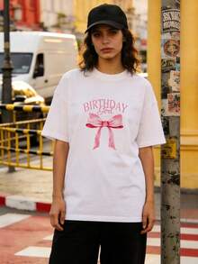 Women's Summer Clothing, Soft And Casual Cotton T-Shirt With Round Neck, Large Pink Bow Print And The Words "BIRTHDAY Girl". White Color. - 白色 - 查看 1