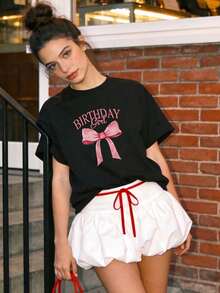 Women's Summer Clothing, Soft And Casual Cotton T-Shirt With Round Neck, Large Pink Bow Print And The Words "BIRTHDAY Girl". White Color. - 黑色 - 查看 3