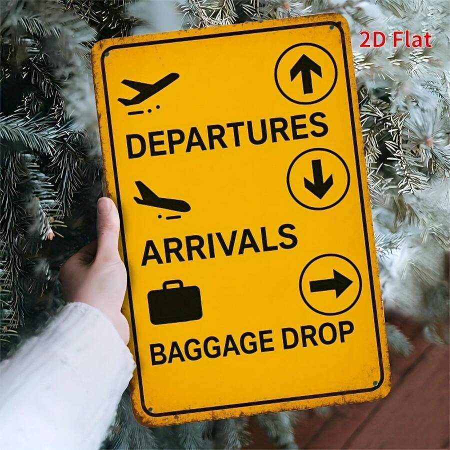 [2D Flat]Vintage Airport Sign Metal Wall Decor - 2D Retro Tin Decoration Featuring Airplanes, Suitcases, And Arrival/Departure - Bars, Cafes, Beach Villas, And Backyard Farmhouses - 8x12inch, Metal Wall Decor - 1 cái - Xem 1