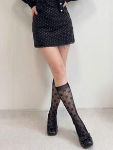 1 đôi tất ren hoa xếp nếp, tất lưới khoét lỗ dài đến bắp chân, tất kiểu ballerina dành cho nữ - Nhiều màu - Xem 9