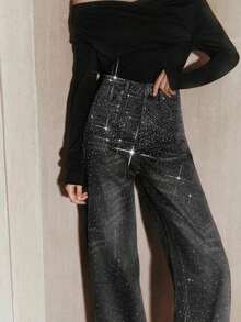 Jeans de pierna ancha de aspecto desgastado y brillante de estilo casual - Negro - Ver 3