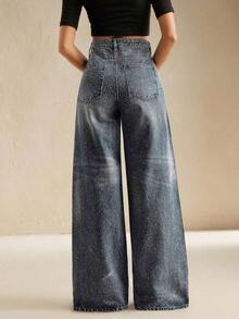 Jeans de pierna ancha de aspecto desgastado y brillante de estilo casual - Azul - Ver 2