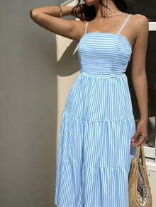 Vestido con escote de tubo plisado de tela texturizada color melocotón claro, con tirantes finos, cintura suelta, estilo relajado para vacaciones - Azul - Ver 5