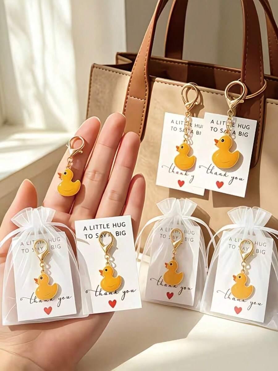 30/15/3pcs Cute Little Yellow Duck Keychain Set, Includes Little Duck Keychains, Thank You Cards, White Bags, Gift For Colleagues And Friends, Key Ring Pendant, Exquisite Birthday Gift, Essential Holiday Decoration, Suitable For Theme Parties, Birthday Parties, Party Decoration, Perfect Gift Choice - Multicolor - View 1