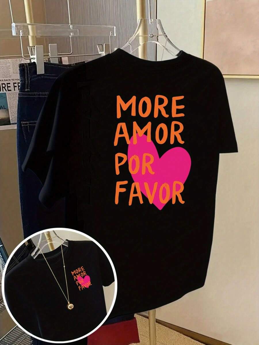 This Printed Short-Sleeved T-Shirt Features Designs On The Front And Back, Making It A Fashionable Summer Option You'll Love Even More. Please Show Some Extra Love To This Casual Women's Short-Sleeved Crew Neck T-Shirt – Made Of Polyester And Spandex Fabric, It's Comfortable And Stretchy, A Classic Design. - 黑色 - 查看 1