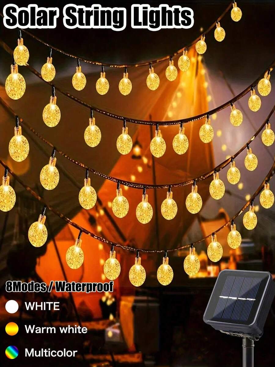 1pc Solar Power LED Crystal Ball String Lights,  8 Modes, 20/50/100 LED Lights, Warm White/Colorful White Light Options, Suitable For Christmas, Holidays, Christmas Tree, Lawn, Yard, Porch, Camping, Gazebo, Pub, Wedding, Party Decoration