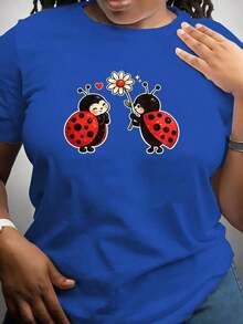 Loose Ladybug Floral Print T-Shirt, Women's Crew Neck Top, Casual Everyday Shirt, Cute Insect Design, Suitable For Spring And Summer, For All Seasons. DDQDBasic Women's Cotton Crew Neck T-Shirt - 藍色的 - 查看 8